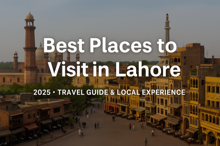 "View of historical landmarks in Lahore including Badshahi Mosque, Minar-e-Pakistan, and Fort Road Food Street, promoting best places to visit in Lahore in 2025 – Travel Guide."
