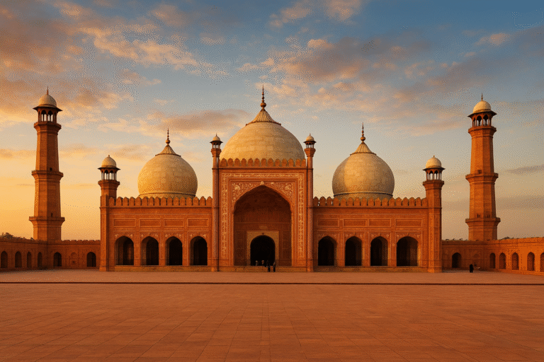 Badshahi Mosque Lahore Pakistan – Mughal architecture masterpiece built by Aurangzeb in 1673, famous tourist attraction and cultural landmark