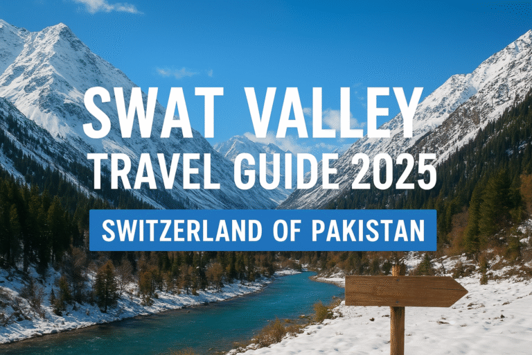 Beautiful snow-covered mountains and turquoise river in Swat Valley, Pakistan – known as the Switzerland of Pakistan, featured in a 2025 travel guide.