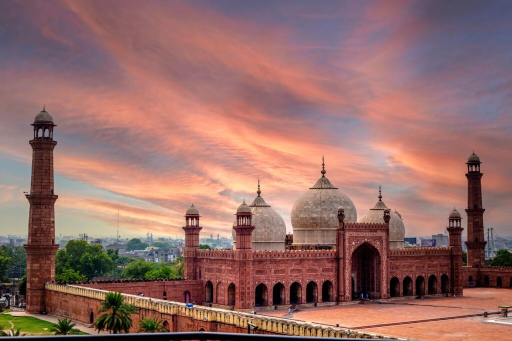 Aerial view of Badshahi Mosque Lahore Pakistan with Lahore Fort in the background